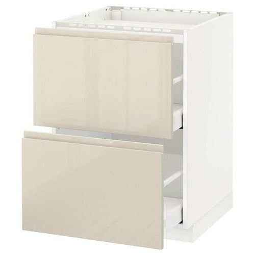 METOD / MAXIMERA - Base cab f hob/2 fronts/2 drawers, white/Voxtorp high-gloss light beige, 60x60 cm