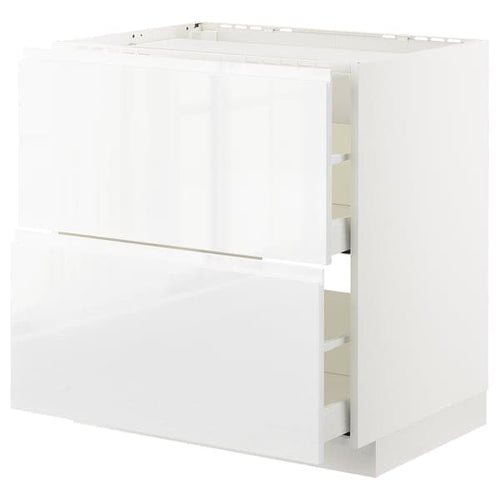 METOD / MAXIMERA - Base cab f hob/2 fronts/2 drawers, white/Voxtorp high-gloss/white, 80x60 cm