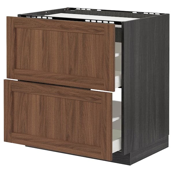 METOD / MAXIMERA - Base cab f hob/2 fronts/2 drawers, black Enköping/brown walnut effect, 80x60 cm