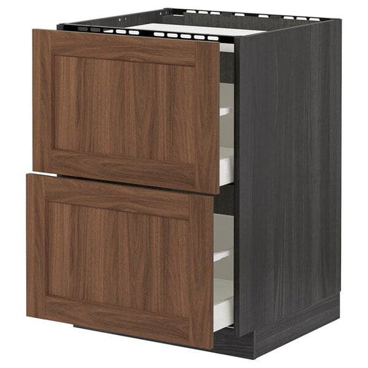 METOD / MAXIMERA - Base cab f hob/2 fronts/2 drawers, black Enköping/brown walnut effect, 60x60 cm - best price from Maltashopper.com 09476654