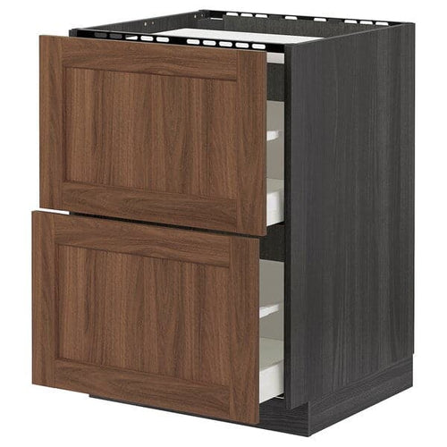 METOD / MAXIMERA - Base cab f hob/2 fronts/2 drawers, black Enköping/brown walnut effect, 60x60 cm