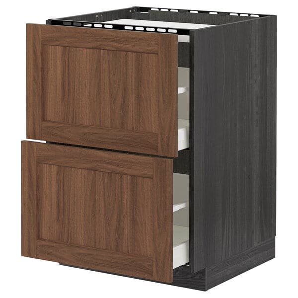 METOD / MAXIMERA base cab f hob/2 fronts/2 drawers, black Enköping/brown walnut effect, 60x60 cm