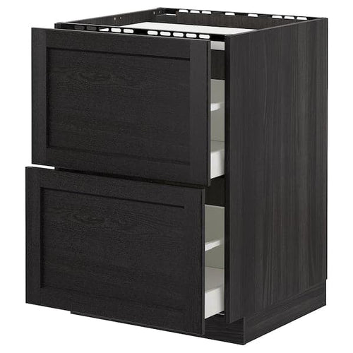 METOD / MAXIMERA - Base cab f hob/2 fronts/2 drawers, black/Lerhyttan black stained, 60x60 cm
