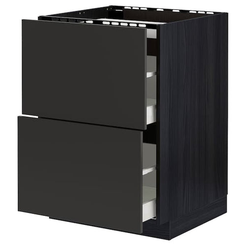 METOD / MAXIMERA - Base cab f hob/2 fronts/2 drawers, black/Nickebo matt anthracite, 60x60 cm