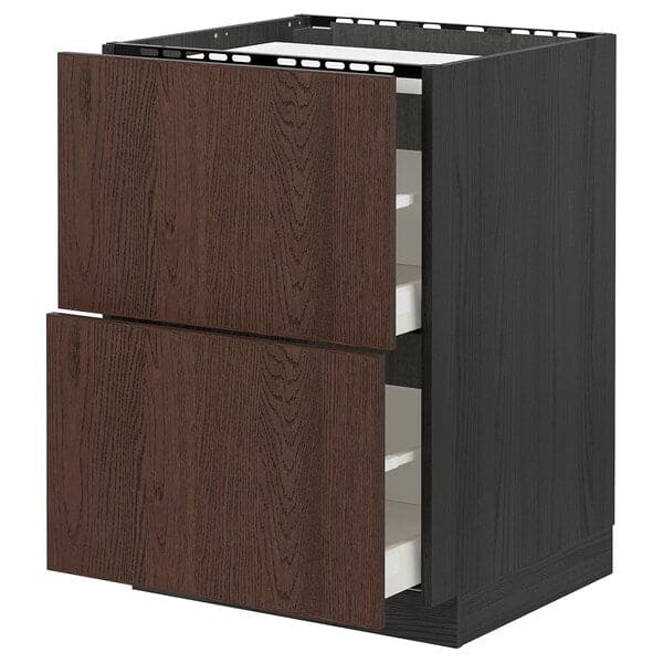 METOD / MAXIMERA - Base cab f hob/2 fronts/2 drawers, black/Sinarp brown , 60x60 cm