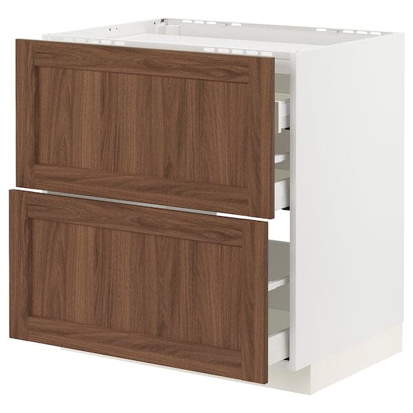 METOD / MAXIMERA - Base cab f hob/2 fronts/3 drawers, white Enköping/brown walnut effect, 80x60 cm