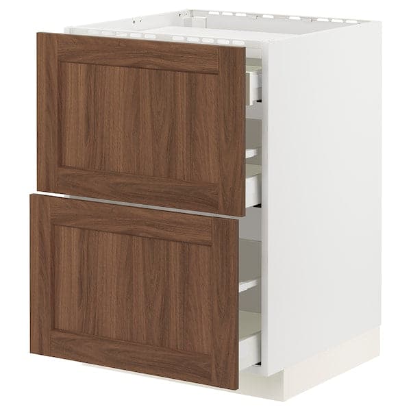 METOD / MAXIMERA - Base cab f hob/2 fronts/3 drawers, white Enköping/brown walnut effect, 60x60 cm