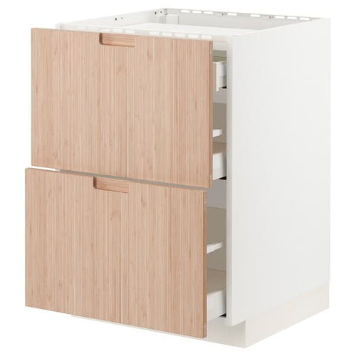 METOD / MAXIMERA - Base cab f hob/2 fronts/3 drawers, white/Fröjered light bamboo, 60x60 cm