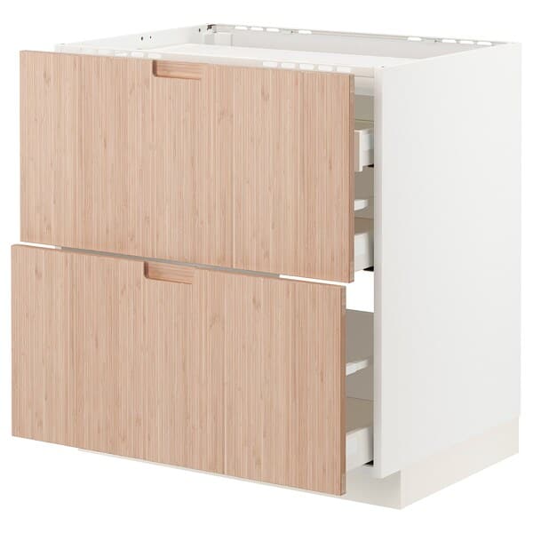 METOD / MAXIMERA - Base cab f hob/2 fronts/3 drawers, white/Fröjered light bamboo, 80x60 cm