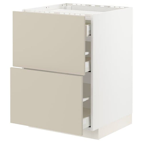 METOD / MAXIMERA - Base cab f hob/2 fronts/3 drawers, white/Havstorp beige, 60x60 cm