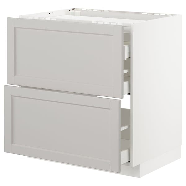 METOD / MAXIMERA - Base cab f hob/2 fronts/3 drawers, white/Lerhyttan light grey , 80x60 cm