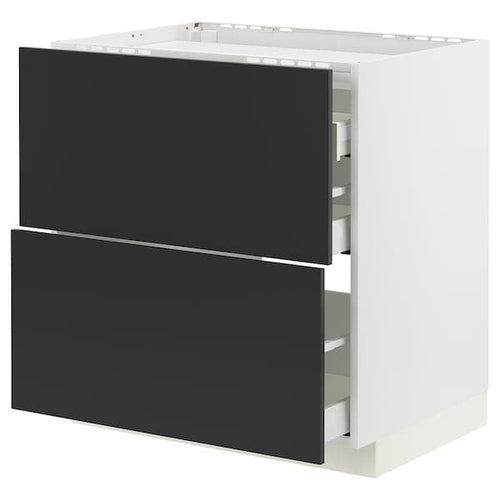 METOD / MAXIMERA - Base cab f hob/2 fronts/3 drawers, white/Nickebo matt anthracite, 80x60 cm