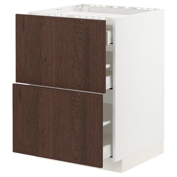 METOD / MAXIMERA - Base cab f hob/2 fronts/3 drawers, white/Sinarp brown, 60x60 cm