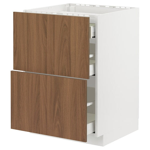 METOD / MAXIMERA - Base cab f hob/2 fronts/3 drawers, white/Tistorp brown walnut effect, 60x60 cm
