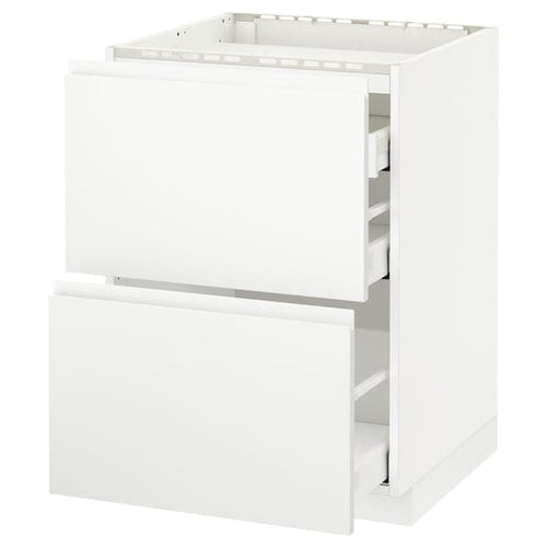 METOD / MAXIMERA - Base cab f hob/2 fronts/3 drawers, white/Voxtorp matt white, 60x60 cm