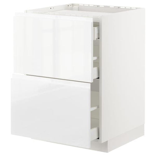 METOD / MAXIMERA base cab f hob/2 fronts/3 drawers, white/Voxtorp high-gloss/white, 60x60 cm