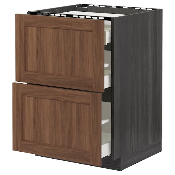 METOD / MAXIMERA base cab f hob/2 fronts/3 drawers, black Enköping/brown walnut effect, 60x60 cm