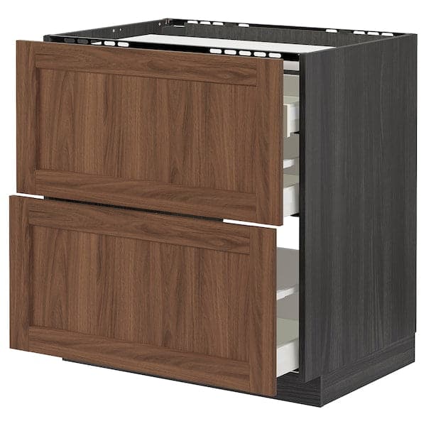 METOD / MAXIMERA - Base cab f hob/2 fronts/3 drawers, black Enköping/brown walnut effect, 80x60 cm