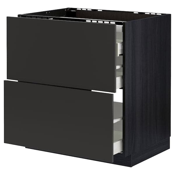 METOD / MAXIMERA - Base cab f hob/2 fronts/3 drawers, black/Nickebo matt anthracite, 80x60 cm - best price from Maltashopper.com 09498095