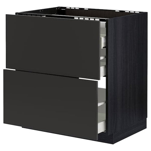 METOD / MAXIMERA - Base cab f hob/2 fronts/3 drawers, black/Nickebo matt anthracite, 80x60 cm