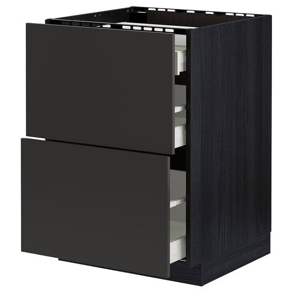 METOD / MAXIMERA - Base cab f hob/2 fronts/3 drawers, black/Nickebo matt anthracite, 60x60 cm - best price from Maltashopper.com 89498261