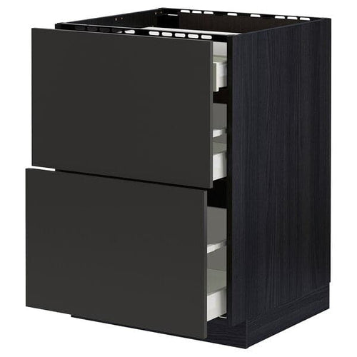 METOD / MAXIMERA - Base cab f hob/2 fronts/3 drawers, black/Nickebo matt anthracite, 60x60 cm
