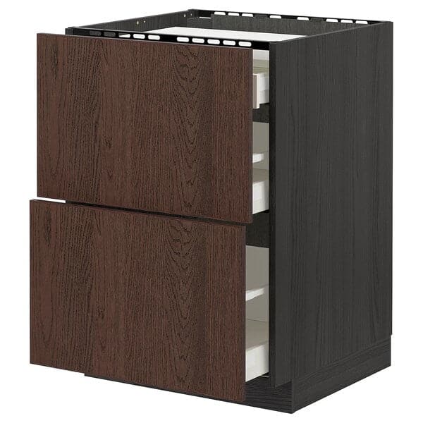 METOD / MAXIMERA - Base cab f hob/2 fronts/3 drawers, black/Sinarp brown , 60x60 cm - best price from Maltashopper.com 89405549
