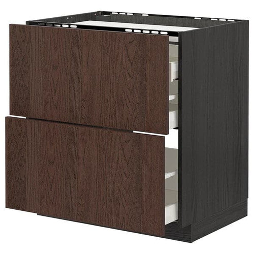 METOD / MAXIMERA - Base cab f hob/2 fronts/3 drawers, black/Sinarp brown , 80x60 cm
