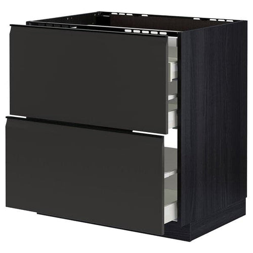METOD / MAXIMERA - Base cab f hob/2 fronts/3 drawers, black/Upplöv matt anthracite , 80x60 cm