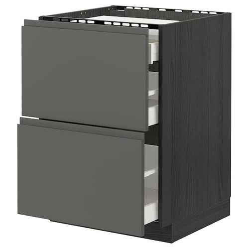 METOD / MAXIMERA - Base cab f hob/2 fronts/3 drawers, black/Voxtorp dark grey, 60x60 cm