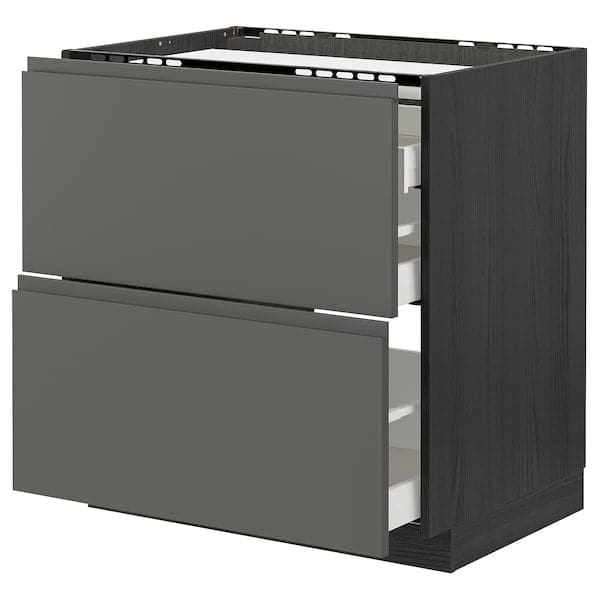 METOD / MAXIMERA - Base cab f hob/2 fronts/3 drawers, black/Voxtorp dark grey, 80x60 cm - best price from Maltashopper.com 69310967