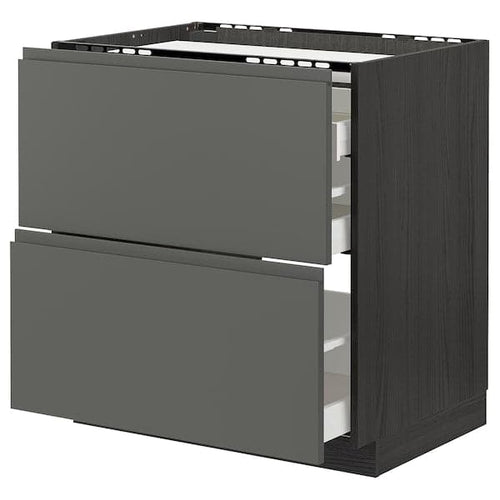 METOD / MAXIMERA - Base cab f hob/2 fronts/3 drawers, black/Voxtorp dark grey, 80x60 cm