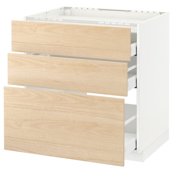 METOD / MAXIMERA - Base cab f hob/3 fronts/3 drawers, white/Askersund light ash effect, 80x60 cm