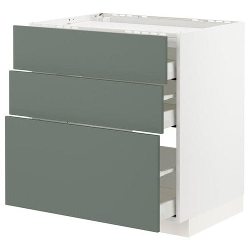 METOD / MAXIMERA - Base cab f hob/3 fronts/3 drawers, white/Bodarp grey-green, 80x60 cm