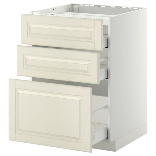 METOD / MAXIMERA - Base cab f hob/3 fronts/3 drawers, white/Bodbyn off-white, 60x60 cm
