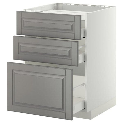METOD / MAXIMERA - Base cab f hob/3 fronts/3 drawers, white/Bodbyn grey, 60x60 cm