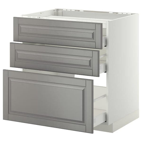 METOD / MAXIMERA - Base cab f hob/3 fronts/3 drawers, white/Bodbyn grey, 80x60 cm