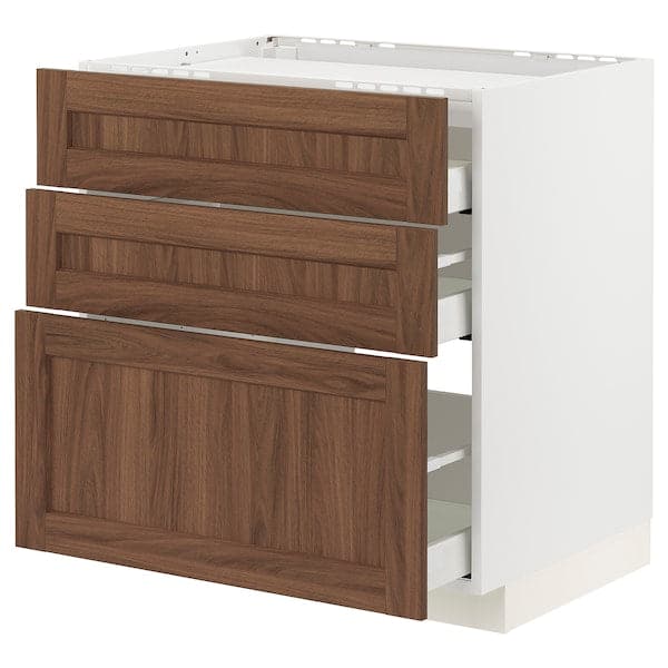 METOD / MAXIMERA - Base cab f hob/3 fronts/3 drawers, white Enköping/brown walnut effect, 80x60 cm