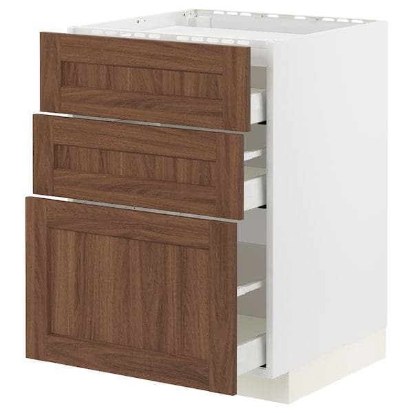 METOD / MAXIMERA - Base cab f hob/3 fronts/3 drawers, white Enköping/brown walnut effect, 60x60 cm