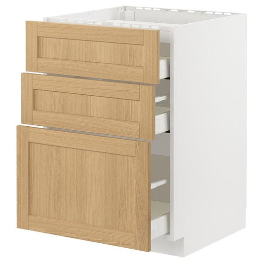 Ikea METOD / MAXIMERA - Base cab f hob/3 fronts/3 drawers, white/Forsbacka oak, 60x60 cm