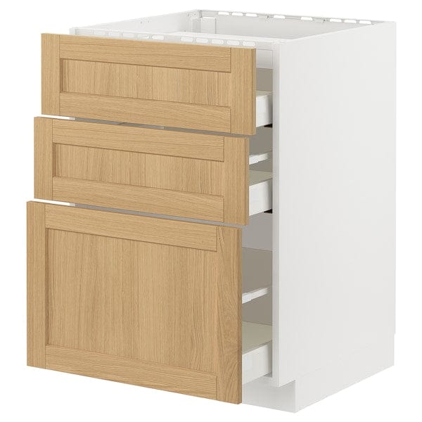 Ikea METOD / MAXIMERA - Base cab f hob/3 fronts/3 drawers, white/Forsbacka oak, 60x60 cm