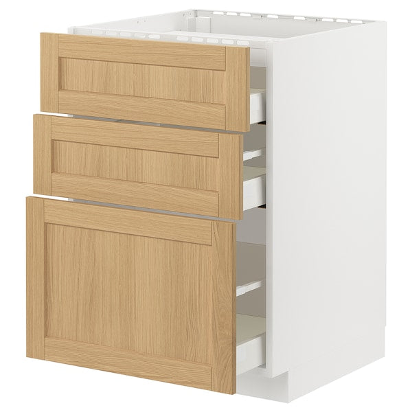 METOD / MAXIMERA - Base cab f hob/3 fronts/3 drawers, white/Forsbacka oak, 60x60 cm