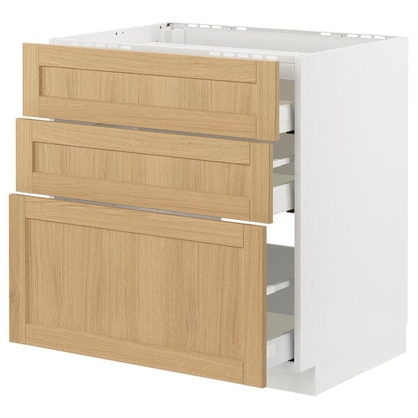METOD / MAXIMERA - Base cab f hob/3 fronts/3 drawers, white/Forsbacka oak, 80x60 cm