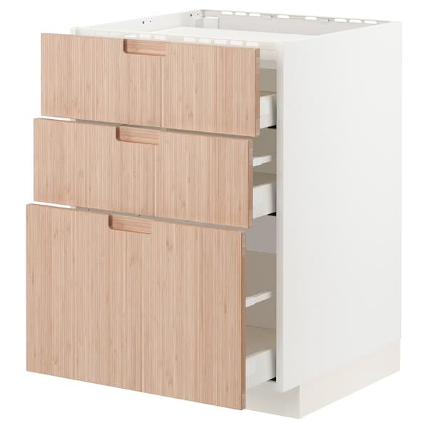 METOD / MAXIMERA - Base cab f hob/3 fronts/3 drawers, white/Fröjered light bamboo, 60x60 cm