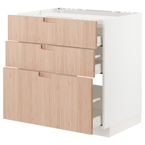 METOD / MAXIMERA - Base cab f hob/3 fronts/3 drawers, white/Fröjered light bamboo, 80x60 cm - best price from Maltashopper.com 19330270