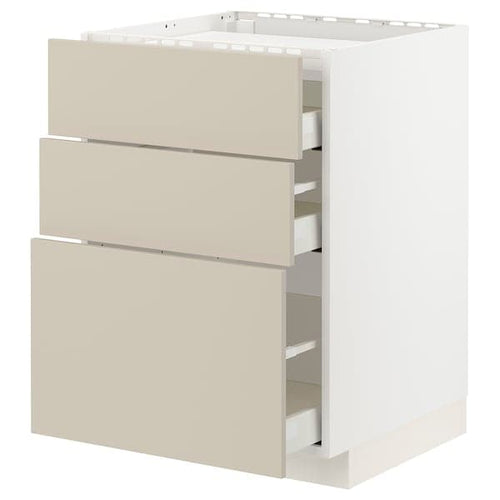 METOD / MAXIMERA - Base cab f hob/3 fronts/3 drawers, white/Havstorp beige, 60x60 cm