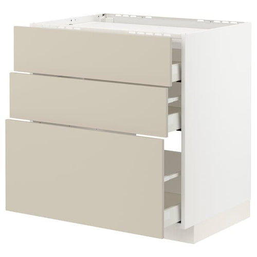 METOD / MAXIMERA - Base cab f hob/3 fronts/3 drawers, white/Havstorp beige , 80x60 cm