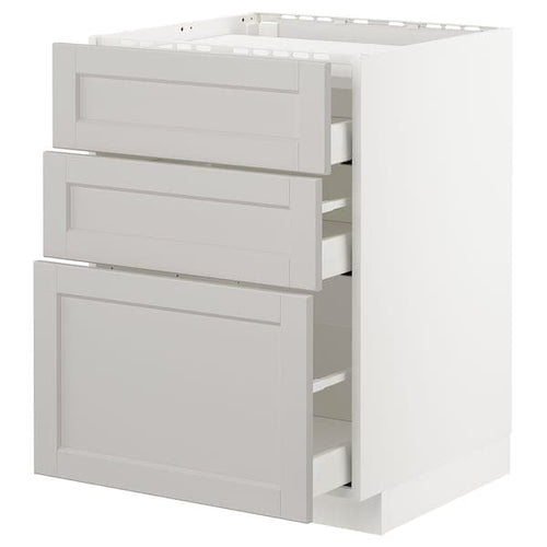METOD / MAXIMERA - Base cab f hob/3 fronts/3 drawers, white/Lerhyttan light grey, 60x60 cm