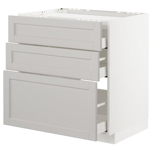 METOD / MAXIMERA - Base cab f hob/3 fronts/3 drawers, white/Lerhyttan light grey, 80x60 cm