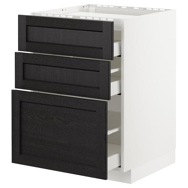 METOD / MAXIMERA - Base cab f hob/3 fronts/3 drawers, white/Lerhyttan black stained, 60x60 cm - best price from Maltashopper.com 19257203